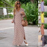 Summer Chic: Geometric Printed V-Neck Long Dress with Slit & Long Sleeves