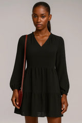 Vestido original em chiffon de manga longa com decote em V em linha A