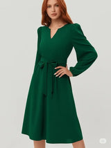 Roupas femininas europeias e americanas de outono e inverno Vestido de manga longa com decote em V pequeno e renda