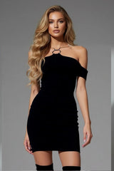 Elegant black off-shoulder mini dress with halter neckline and metal ring detail for women