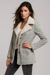Women's grey denim jacket with faux shearling lining, stylish winter outerwear