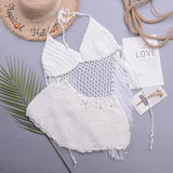 Hollow Crochet Tassel Strap Top Split Swimsuit-White-1
