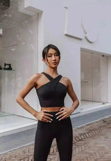Women's Cross-Strap Crop Top for Fitness-Black-1