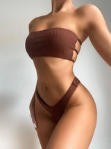 Lady In Swimsuit Solid Color Bikini Lace-up-Brown-1