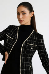 Women's Black Tweed Jacket with Pearl Trim – Elegant Check Blazer