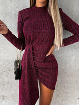 Heathered Mock Neck Long Sleeve Mini Dress-Cerise-5