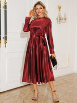 Tie Waist Long Sleeve Midi Dress-10