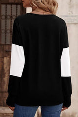 Decorative Button Contrast V-Neck Long Sleeve T-Shirt-8