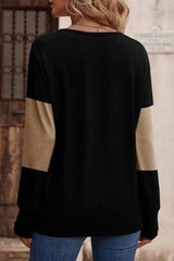 Decorative Button Contrast V-Neck Long Sleeve T-Shirt-3