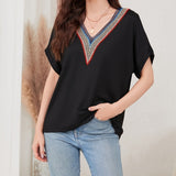 Women’s Loose Fit Lace V-Neck Short Sleeve Top | Breathable Casual Shirt