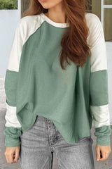 Color Block Round Neck Raglan Sleeve Top-Sage-1