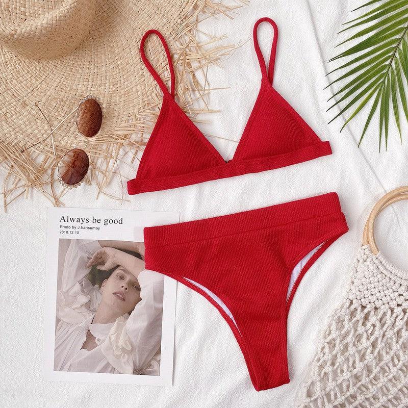 Spaghetti Strap Ribbed Bikini Set-16