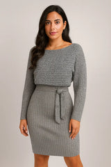 2pcs Suit Women's Solid Stripe Long-sleeved Top and Tight Suspender Skirt Fashion Autumn Winter Slim Clothing