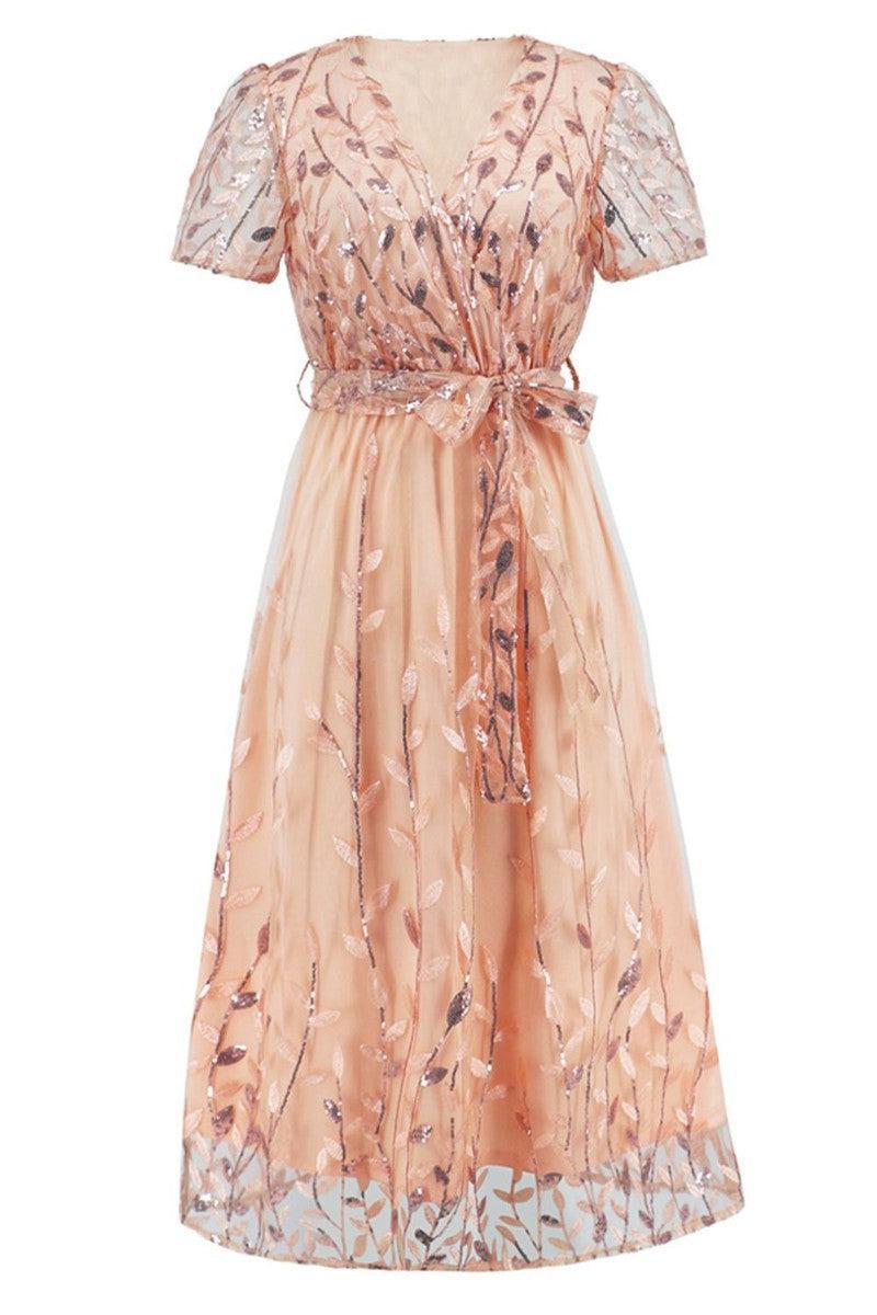 Sequin Leaf Embroidery Tie Front Short Sleeve Dress