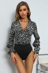 Perfee Leopard Print Tie Cuff Spliced Bodysuit-Gray-1