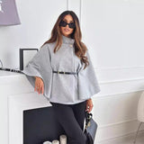 New Stand Collar Batwing Sleeves Cloak Top – Woolen Sweater Jacket with Belt | Elegant & Fashionable Outerwear for Women-Gray-7