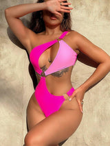 One-Shoulder Cutout Ring Detail One-Piece Swimsuit-Hot Pink-8