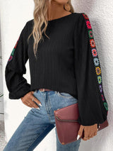 Embroidered Round Neck Long Sleeve Top-4