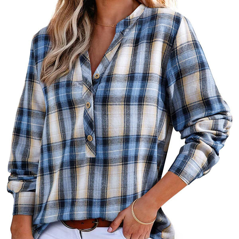 Plaid V-Neck Button Down Blouse