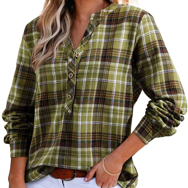 Plaid V-Neck Button Down Blouse