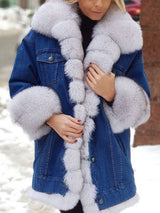 Denim Fur-Trimmed Longline Coat