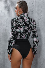 Perfee Floral Lapel Collar Spliced Bodysuit-3