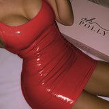 Solid Color Sling Dress Female Sexy Tight Leather Hip Skirt Party Festival Dresses-Red-3