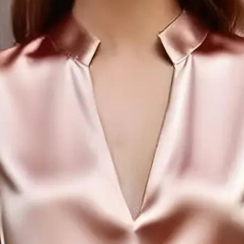 Satin V-Neck Slim Blouse