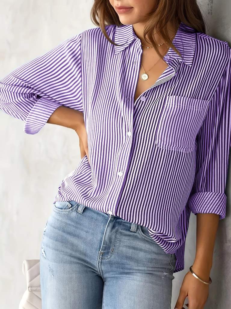 Ladies' Classic Striped Print Long Sleeve Shirt with Pockets – Casual & Functional