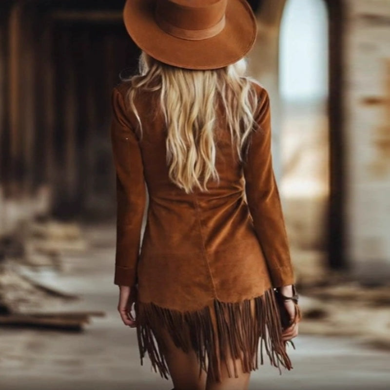Western V-Neck Fringe Mini Dress