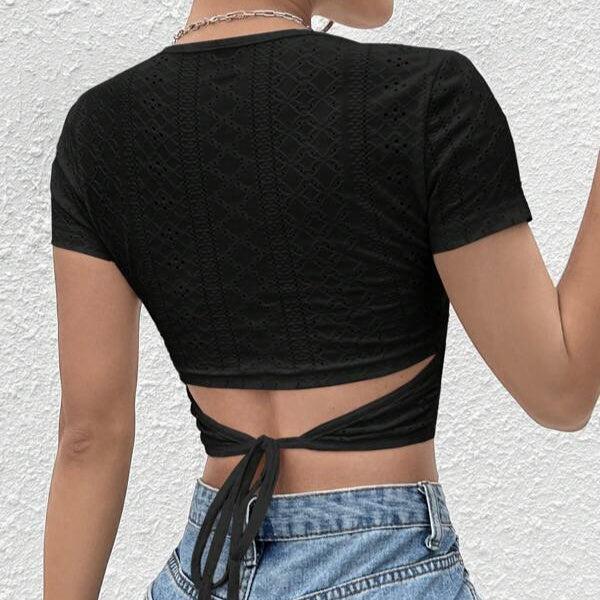 Ladies’ Solid Color Hollowed Out Knitted Back Tied Round Neck Top | Fashionable Figure-Hugging Tee