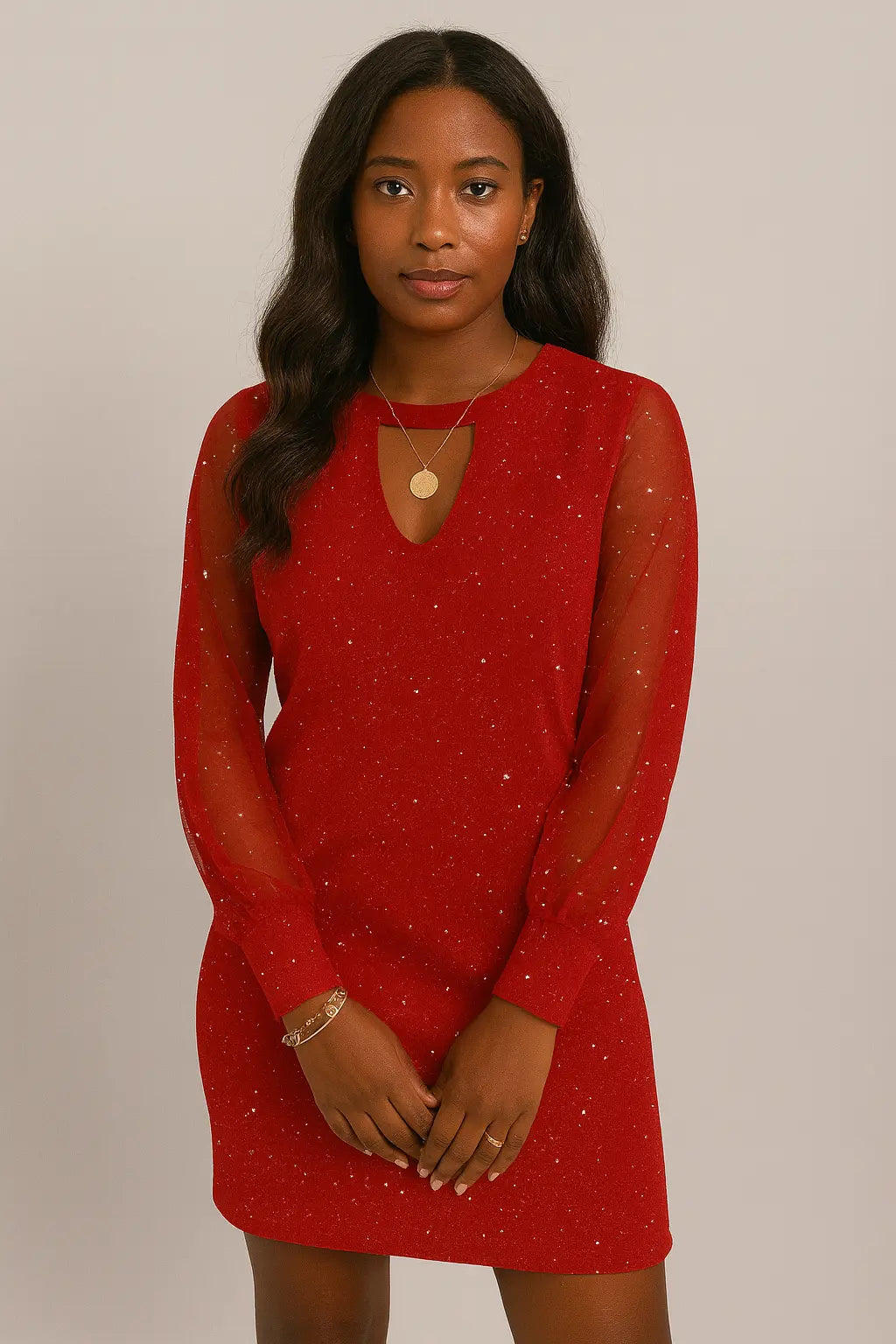 Vestido de manga comprida com decote em V Primavera e Outono Novo estilo de vestido com emenda de renda para roupas femininas