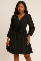 Roupas femininas europeias e americanas de outono e inverno Vestido de manga longa com decote em V pequeno e renda