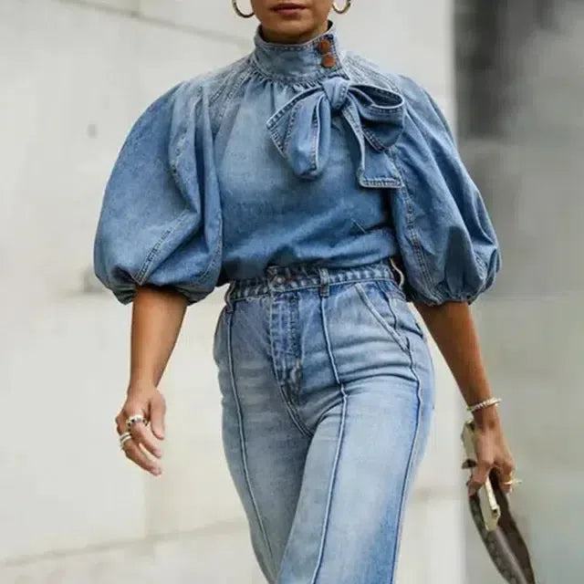 Vintage Puff-Sleeve Denim Blouse with Statement Bow-Blue-2
