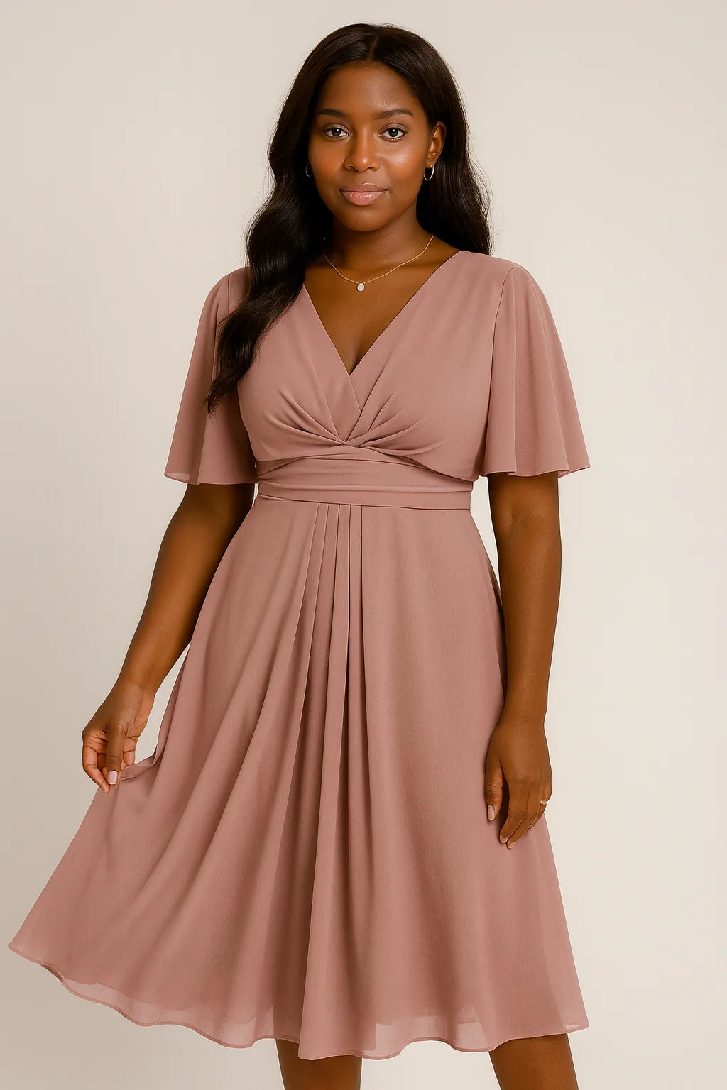 Moda Cor sólida e decote em V com recorte na cintura Casual Grande