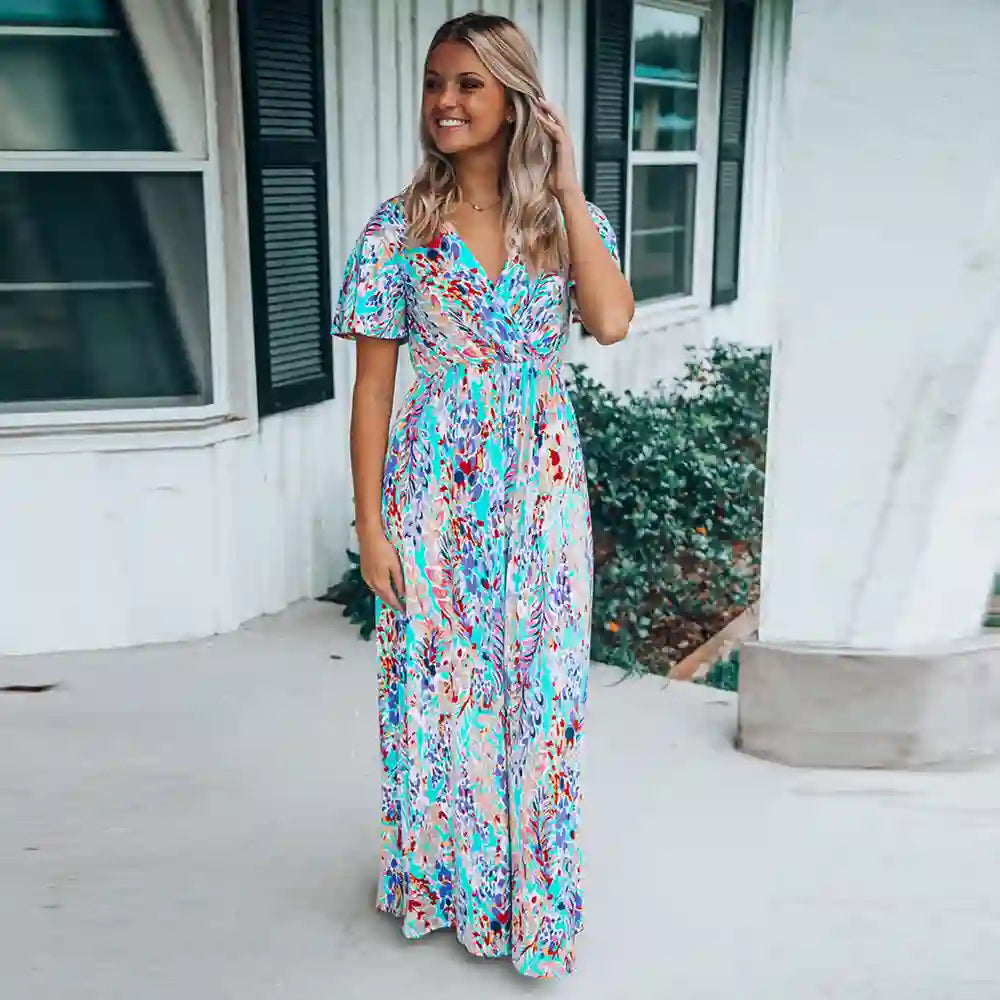 V-Neck Sleeve Floral Maxi Dress for Women