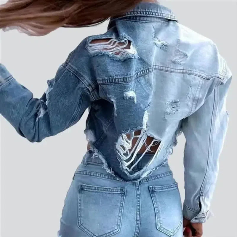 Distressed Denim Cropped Jacket for Women-3