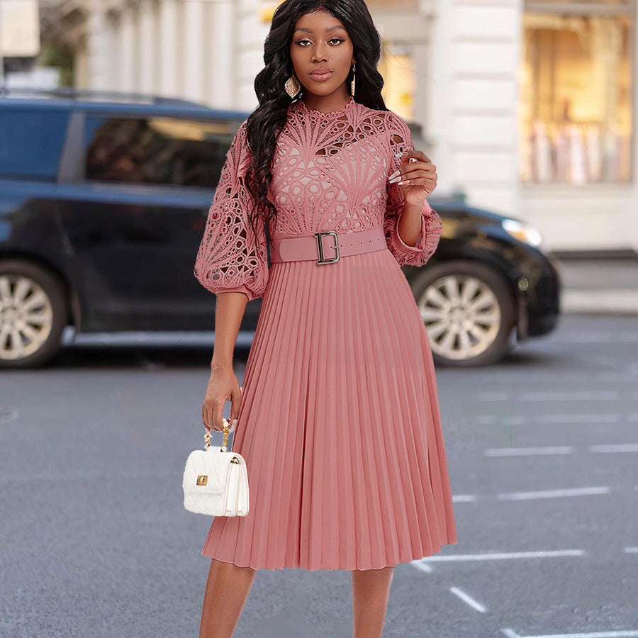 Lace Stitching Pleated Hollow-out Plus Size African Dress