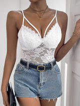 Perfee Spaghetti Strap Lace Bodysuit-White-1