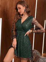 Glitter Surplice Long Sleeve Mini Dress-2