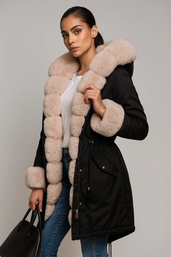 Women's black parka coat with beige faux fur hood and cuffs - stylish winter outerwear