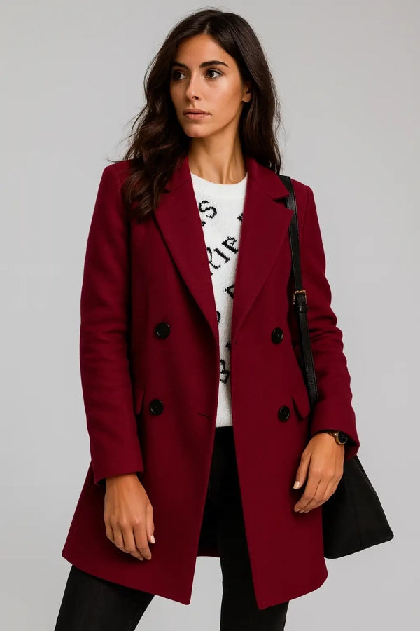 Chic burgundy wool coat for women – stylish double-breasted fall outerwear
