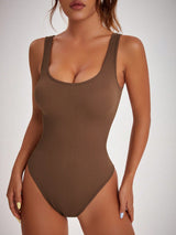 Scoop Neck Wide Strap Active Bodysuit-Coffee Brown-1