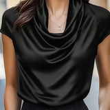 Shiny Cowl Neck Ruched Blouse