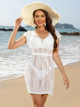 Openwork V-Neck Cap Sleeve Cover-Up-White-14