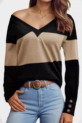 Decorative Button Contrast V-Neck Long Sleeve T-Shirt-2