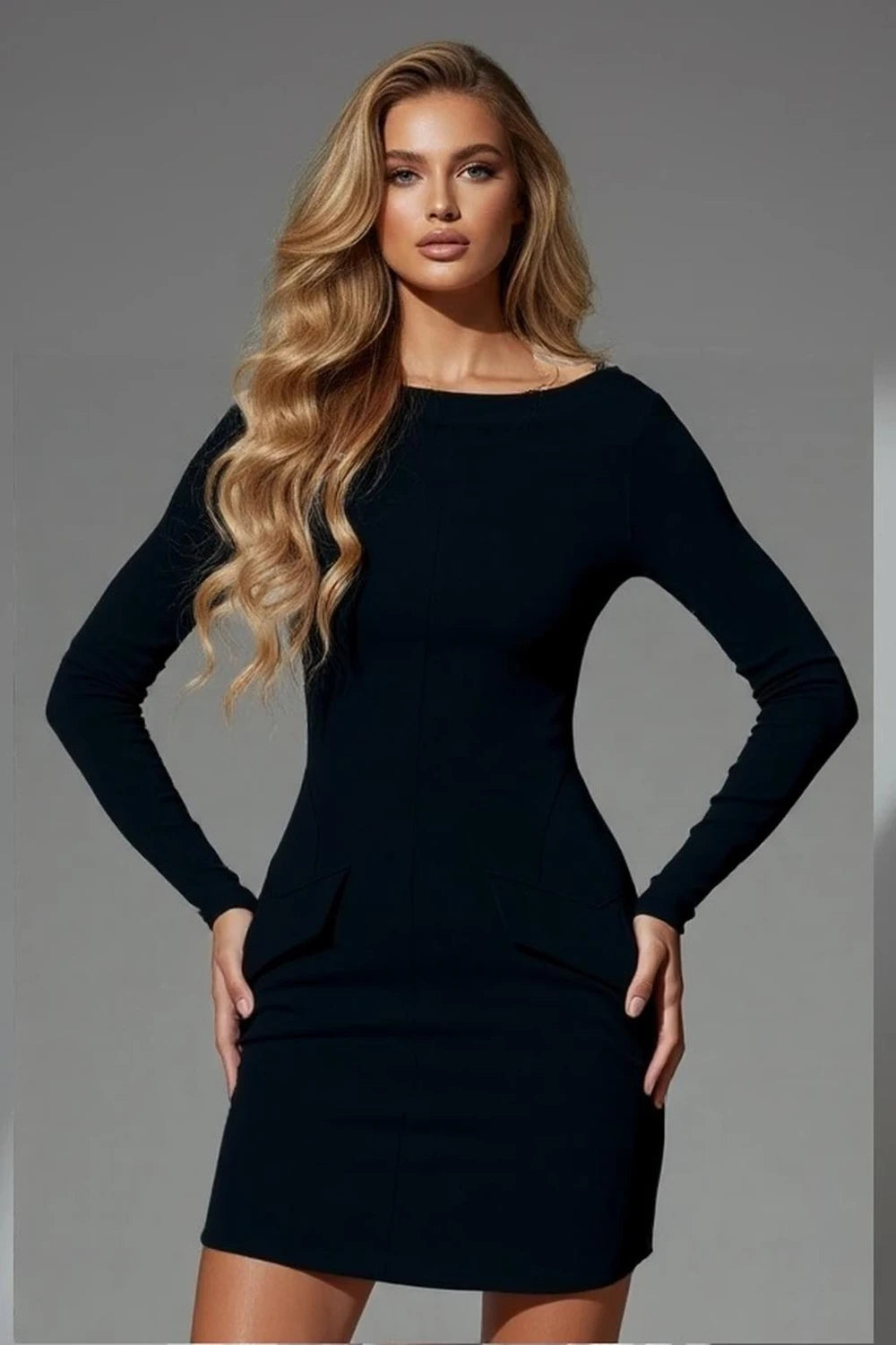 Classic black long sleeve bodycon mini dress with elegant slim fit for women
