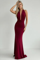 Burgundy halter neck mermaid gown with deep V neckline, elegant formal evening dress for women