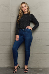 Rhinestone Round Neck Long Sleeve Bodysuit-4