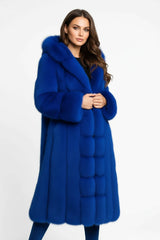 Luxury long grey faux fur coat with hood for women – chic winter fashion statement USA 3